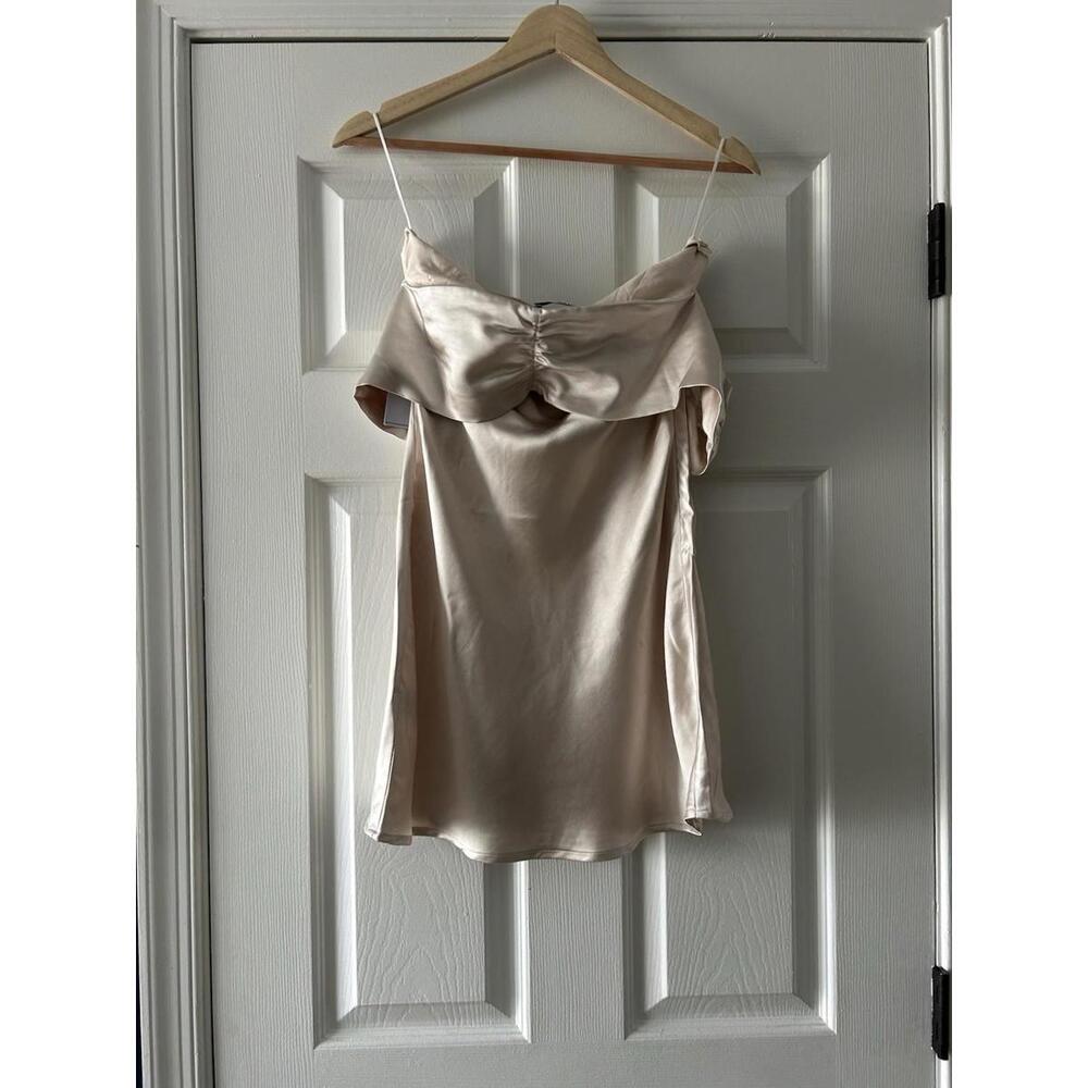 Princess Polly Champagne Satin Off Shoulder Ruffle Mini Bodycon Dress 4 Stretch